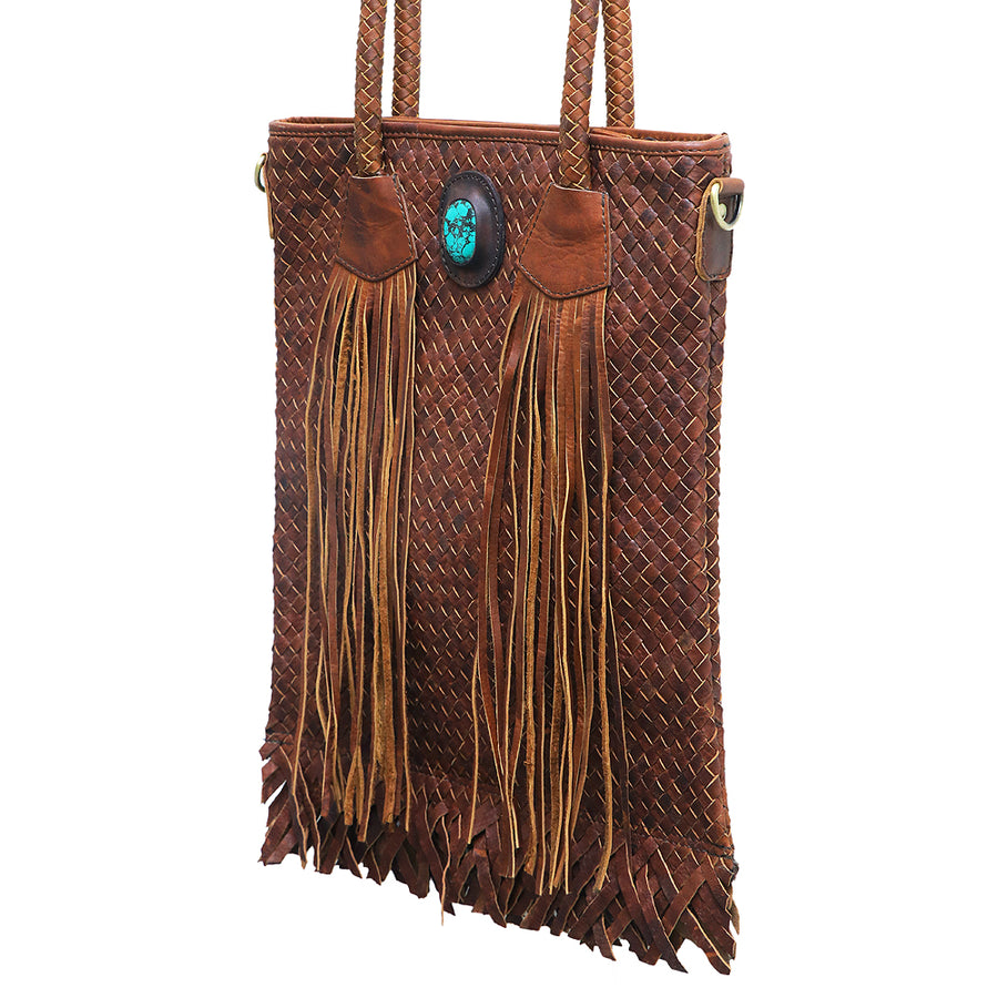 American Darling Tote Bag Basket Weave Leather Turquoise Stone Fringed Western Handbag 14in x 12.5in