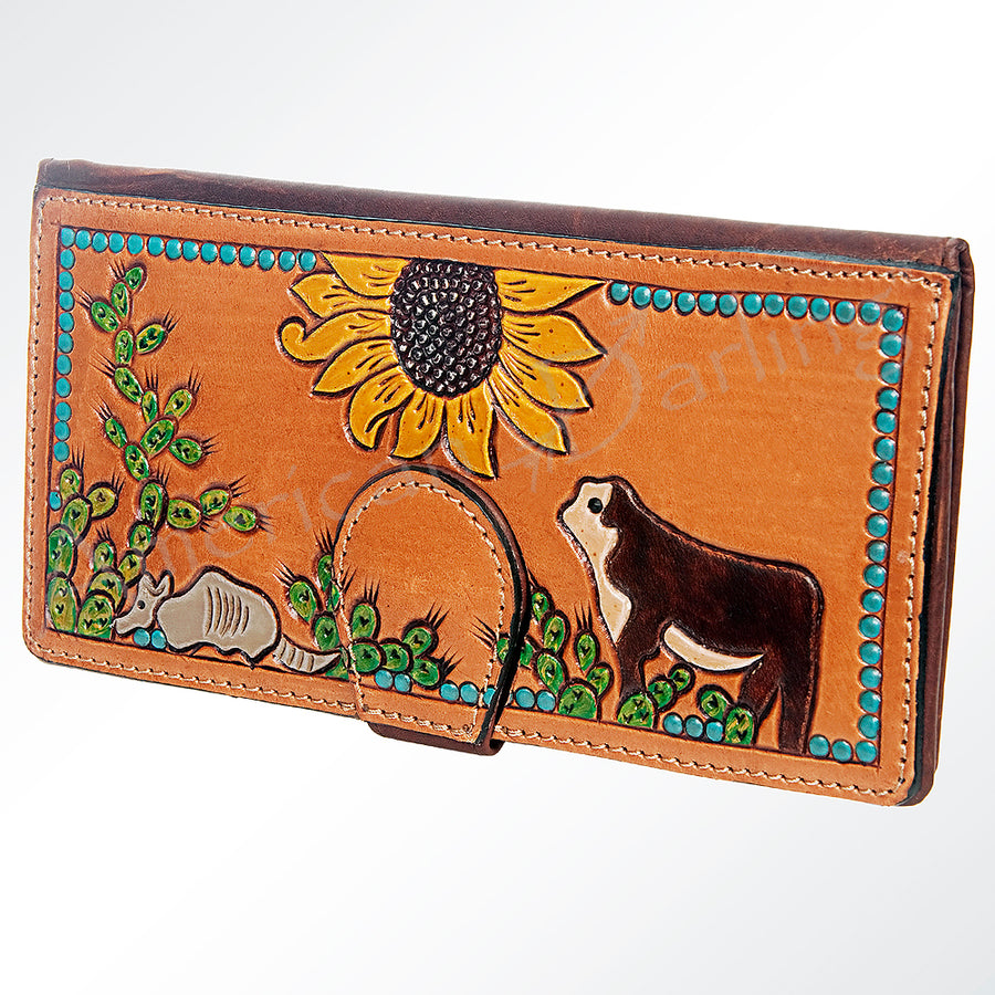 American Darling Wristlet Bag Hand Tooled Floral Carved Vegetable Tanned Western Leather Wallet Purse 4in x 8in