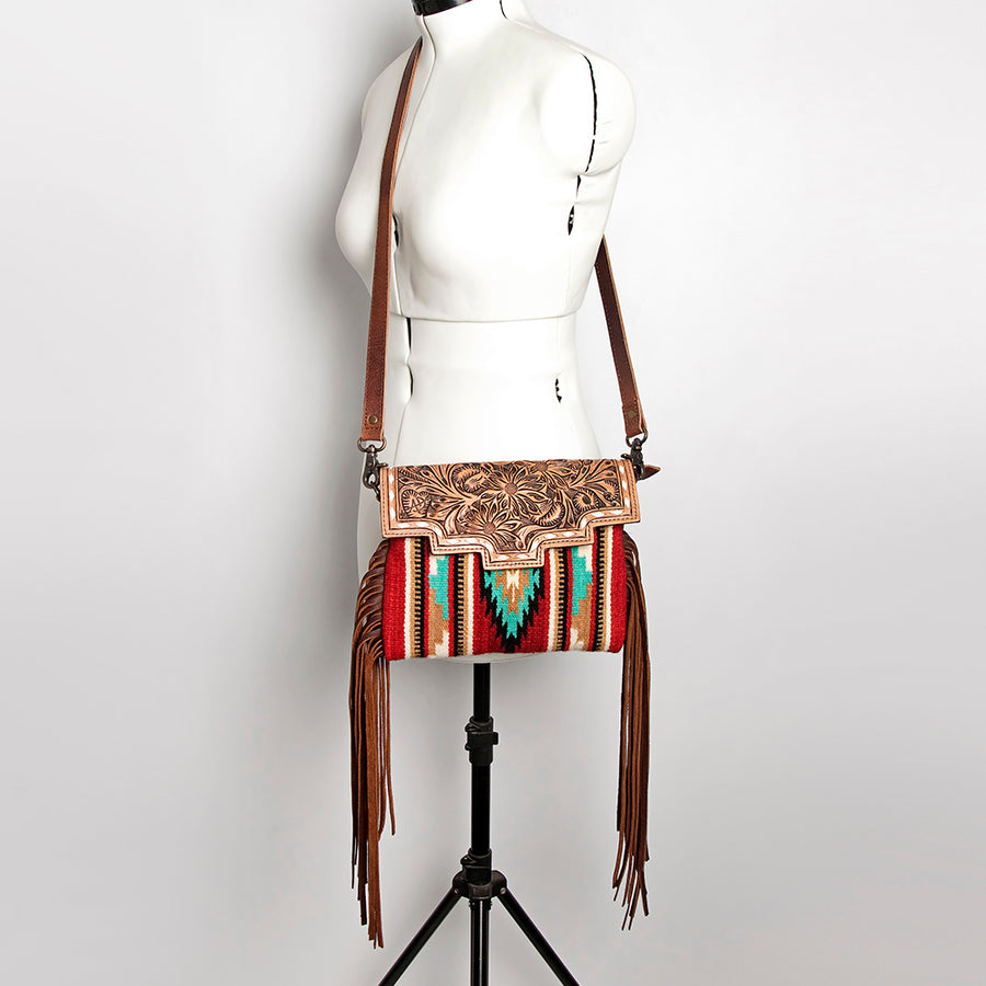 American Darling Cross body Bag Hand Tooled Floral Carved Saddle Blanket Genuine Leather Western Purse with Fringes and YKK Zipper