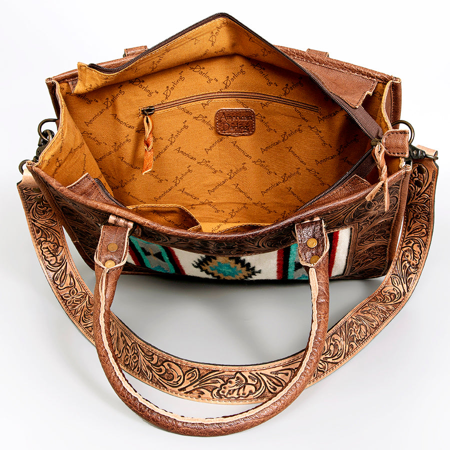 American Darling Tote Bag Hand Tooled Floral Carved Saddle Blanket Genuine Leather Western Purse with YKK Zipper