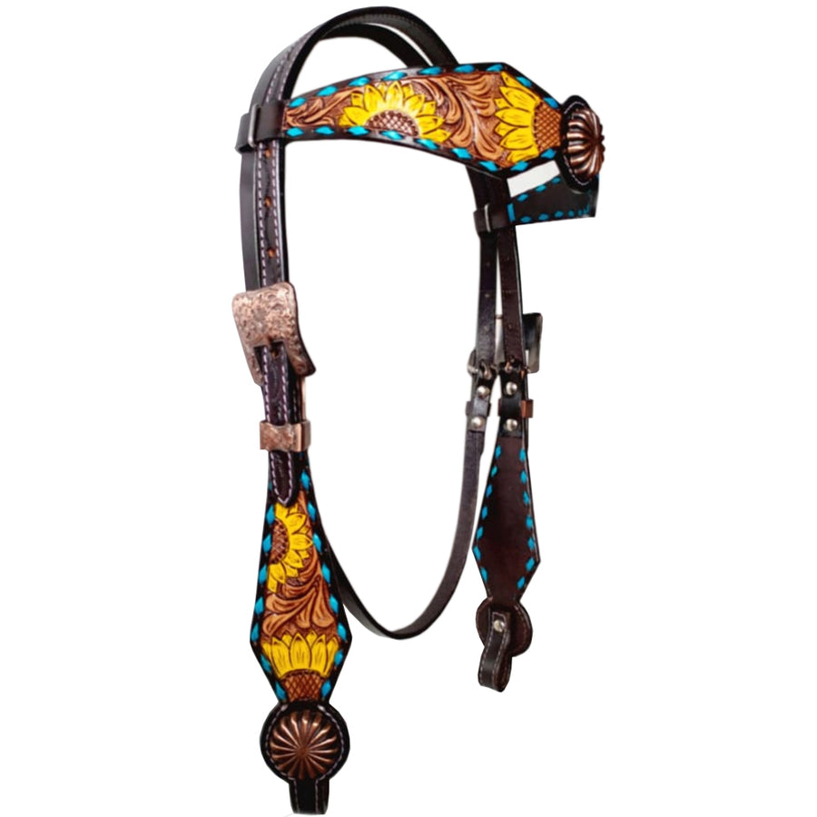Bar H Equine Horse Leather Pinwheel Sunflower Floral Headstall Dark Brown - Uhorse