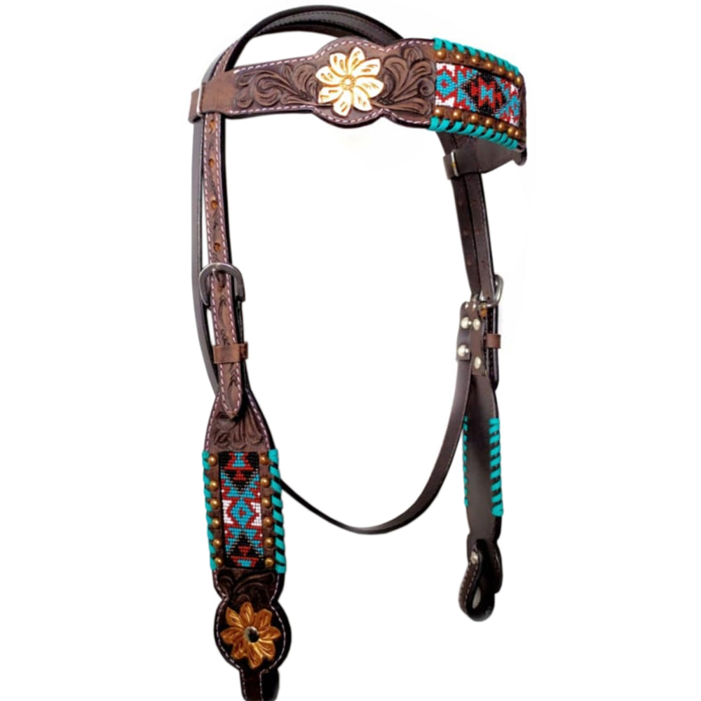 Bar H Equine Western Horse Floral Beaded Genuine American Leather Breast Collar Headstall Tack Set