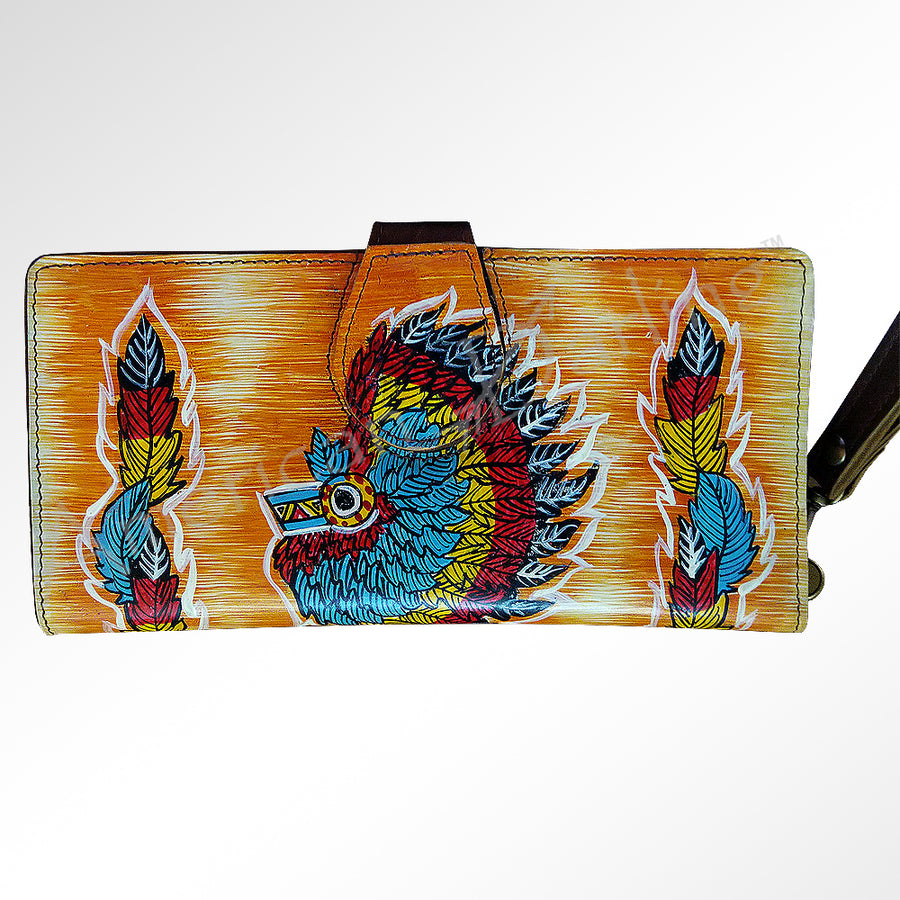 Leather wallet with feathered bird design in multicolor - Uhorse