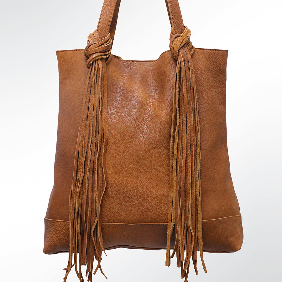 American Darling Tote Bag - Genuine Vegetable-Tanned Leather Western Purse with Fringes and YKK Zipper - 17x17in