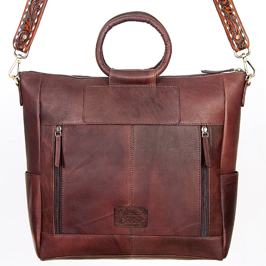 American Darling Hand-Tooled Leather Tote Bag, Hair-On Cowhide Western Purse, Buck Stitched, 14in (H) X 13.25in (W) X 4.25in (D)