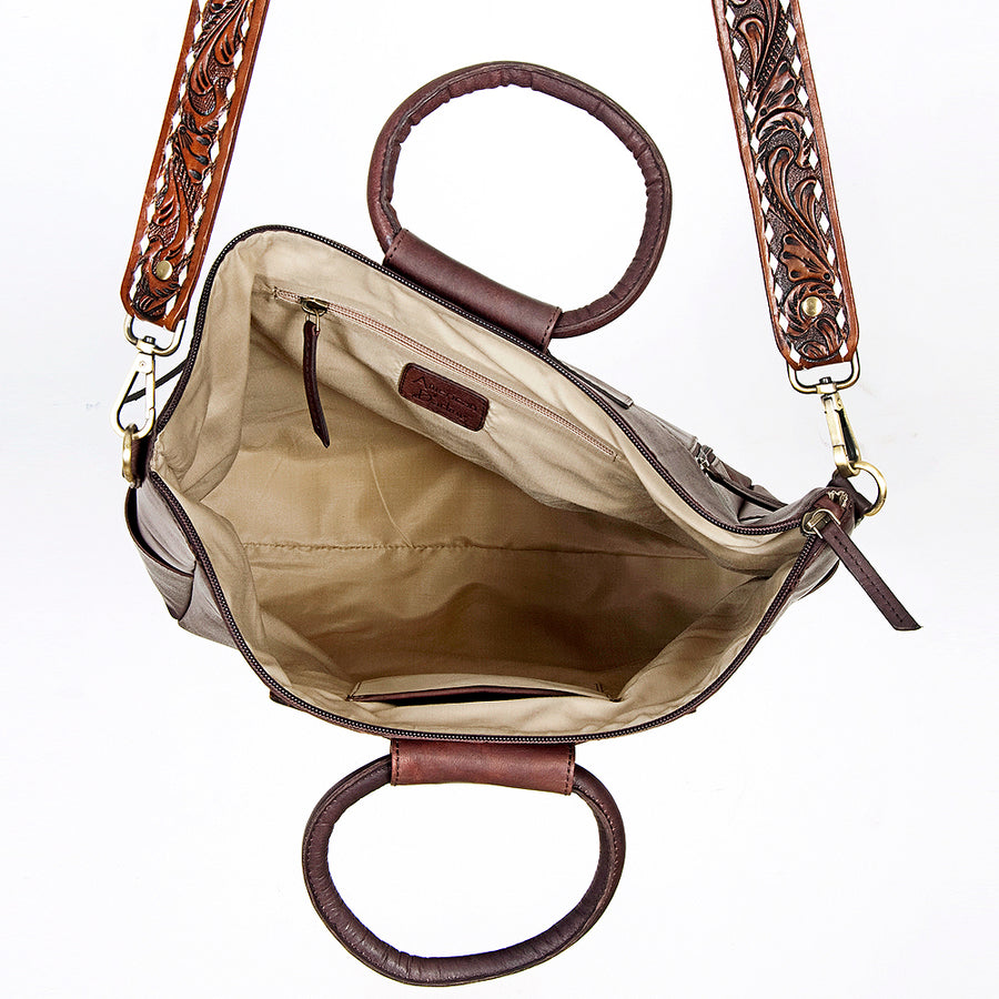 American Darling Hand-Tooled Leather Tote Bag, Hair-On Cowhide Western Purse, Buck Stitched, 14in (H) X 13.25in (W) X 4.25in (D)