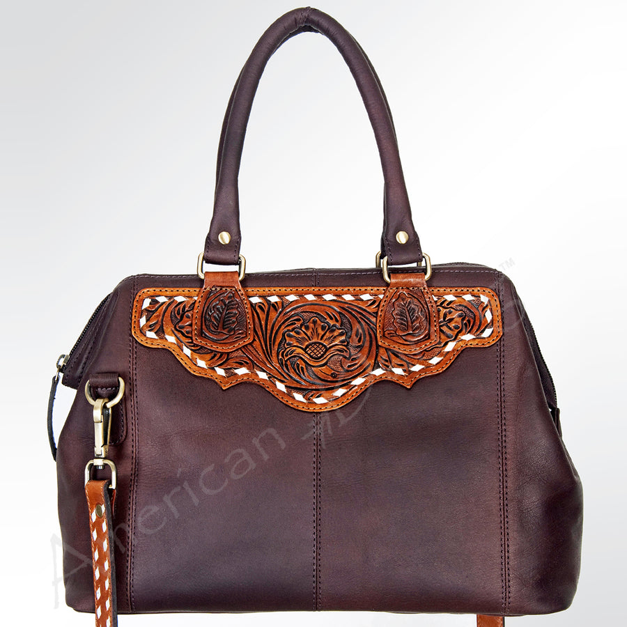 American Darling Hand-Tooled Leather Tote Bag, Floral Carved Western Purse, Buck Stitched, 10in (H) X 13in (W) X 4in (D)