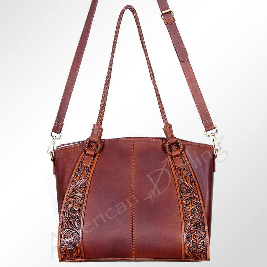 American Darling Hair-On Cowhide Tote Bag, Hand-Tooled Floral Western Leather Purse, Buck Stitched, 10in (H) X 13.5in (W) X 4in (D)
