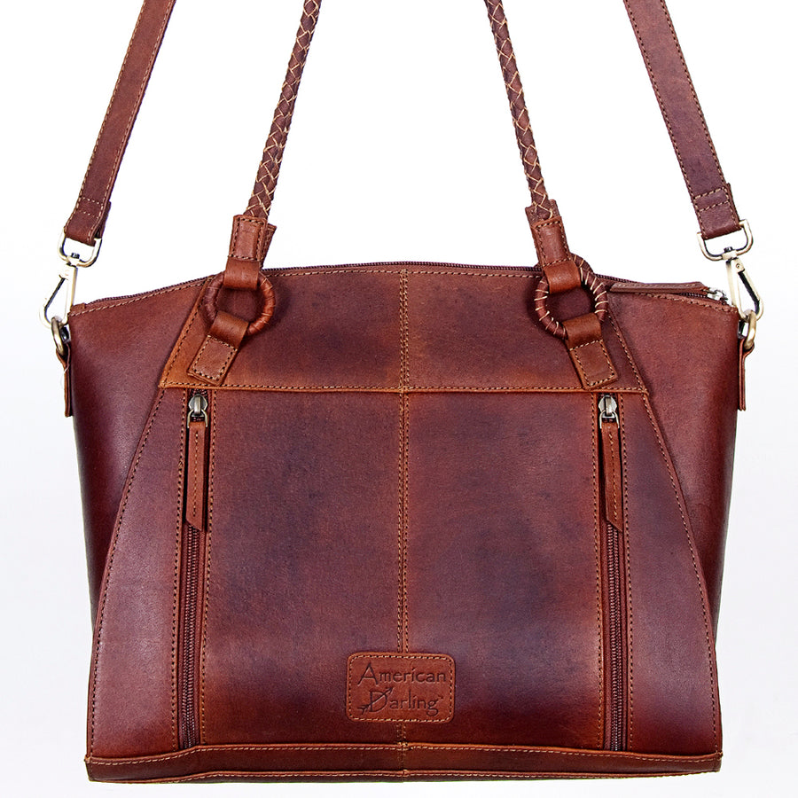 American Darling Hair-On Cowhide Tote Bag, Hand-Tooled Floral Western Leather Purse, Buck Stitched, 10in (H) X 13.5in (W) X 4in (D)
