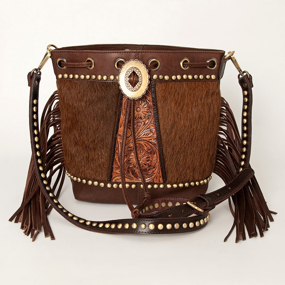 American Darling Bucket Hand Tooled Hair-On Genuine Leather Women Bag Western Handbag Purse
