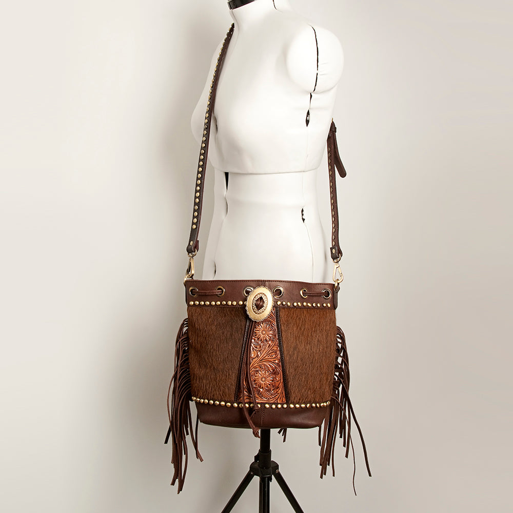 American Darling Bucket Hand Tooled Hair-On Genuine Leather Women Bag Western Handbag Purse