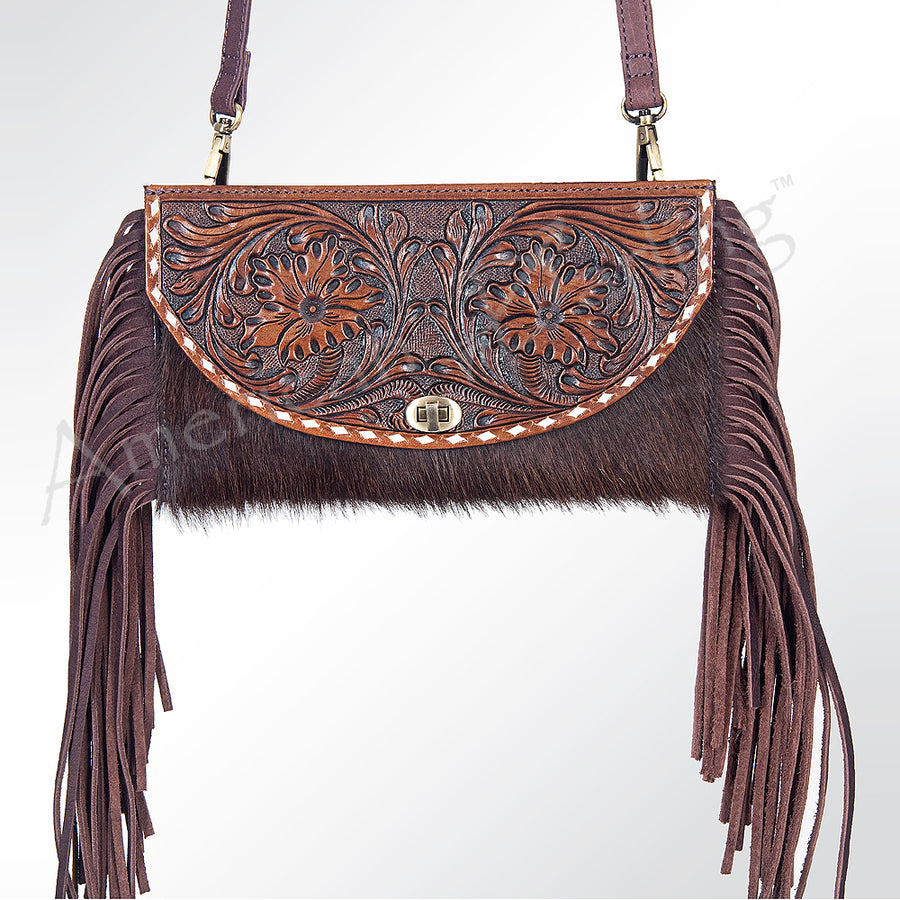 American Darling Small Cross body Bag, Hand-Tooled Floral Leather Western Purse with Fringes & Cowhide, 5in (H) X 10in (W)