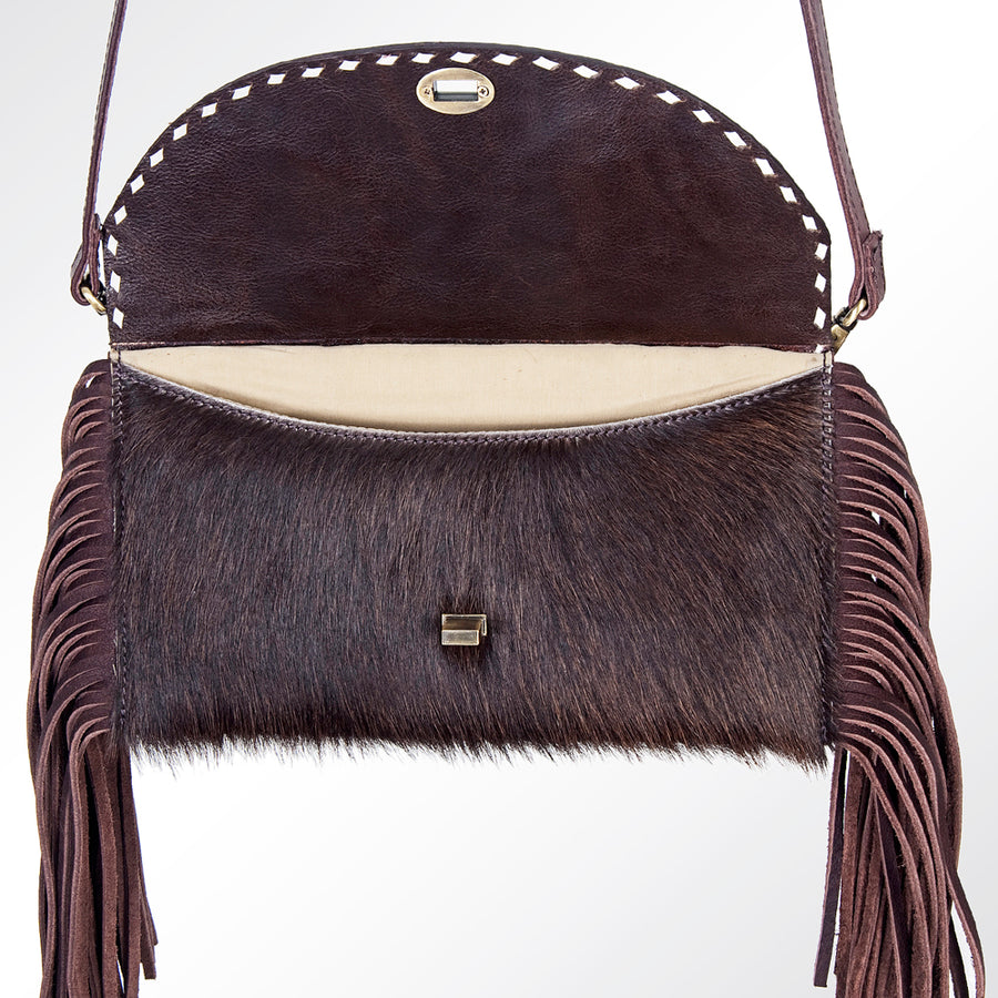 American Darling Small Cross body Bag, Hand-Tooled Floral Leather Western Purse with Fringes & Cowhide, 5in (H) X 10in (W)