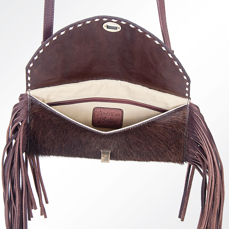 American Darling Small Cross body Bag, Hand-Tooled Floral Leather Western Purse with Fringes & Cowhide, 5in (H) X 10in (W)