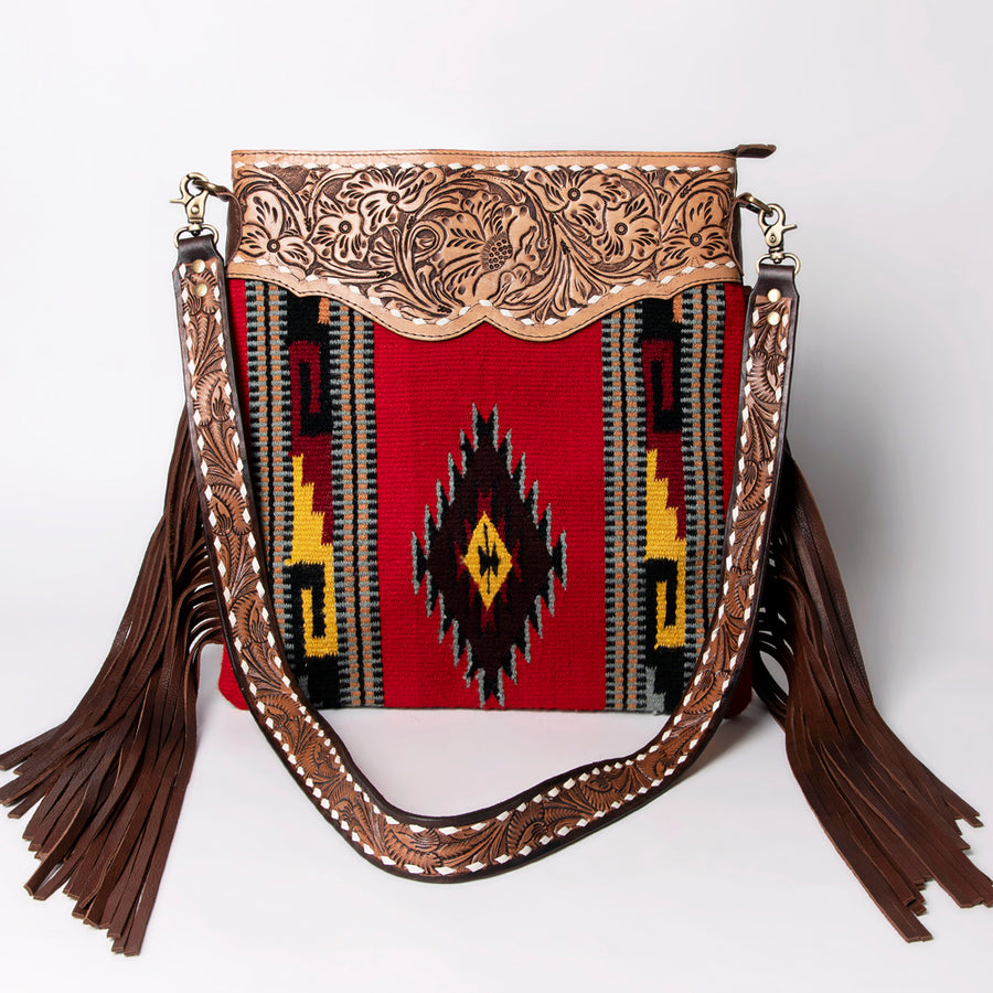 American Darling Large Cross body Bag, Hand Tooled Floral Leather & Woven Saddle Blanket Purse with Fringe and Buck Stitching