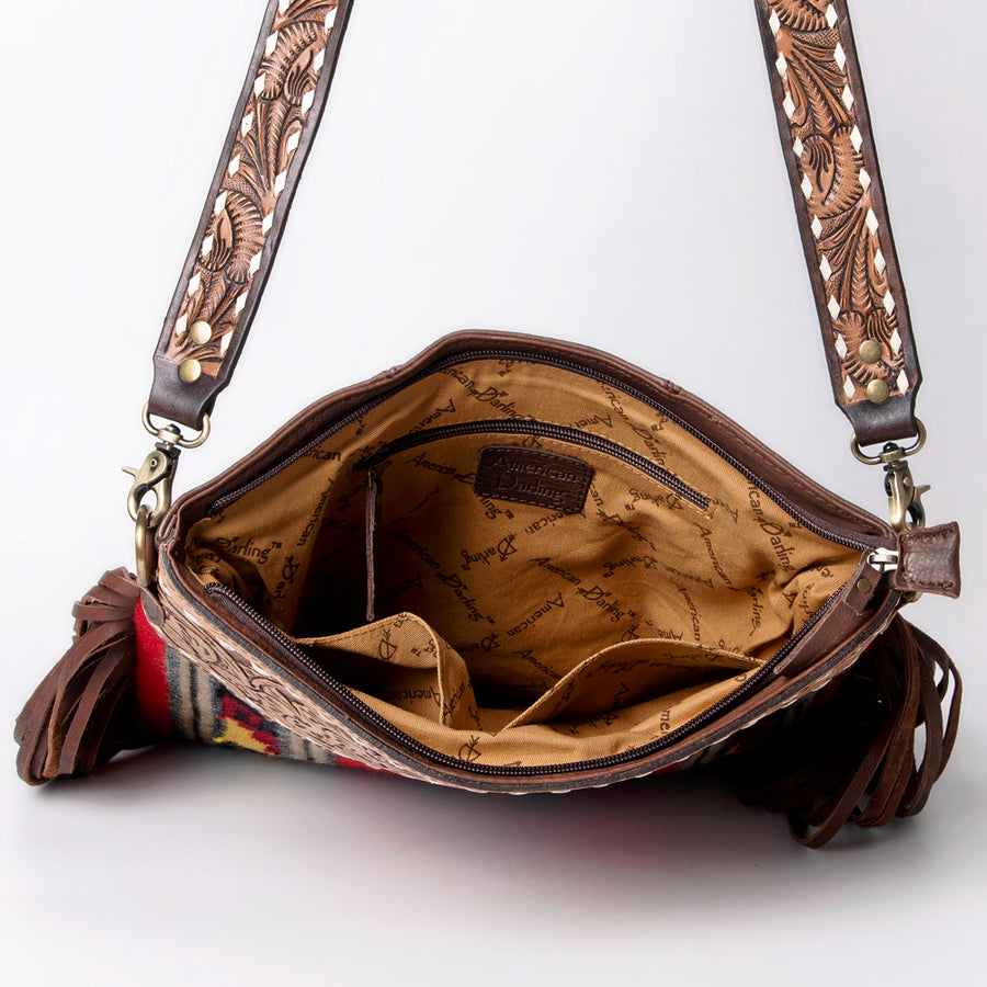American Darling Large Cross body Bag, Hand Tooled Floral Leather & Woven Saddle Blanket Purse with Fringe and Buck Stitching