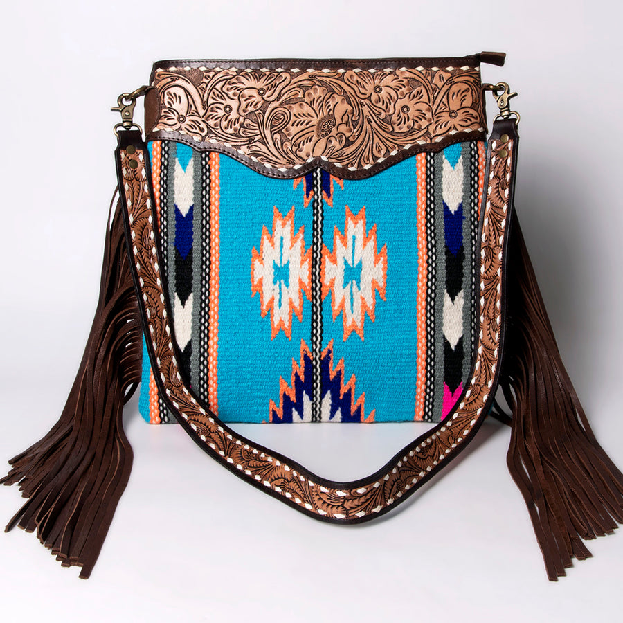 American Darling Large Cross body Bag, Hand Tooled Floral Leather & Woven Saddle Blanket Purse with Fringe and Buck Stitching