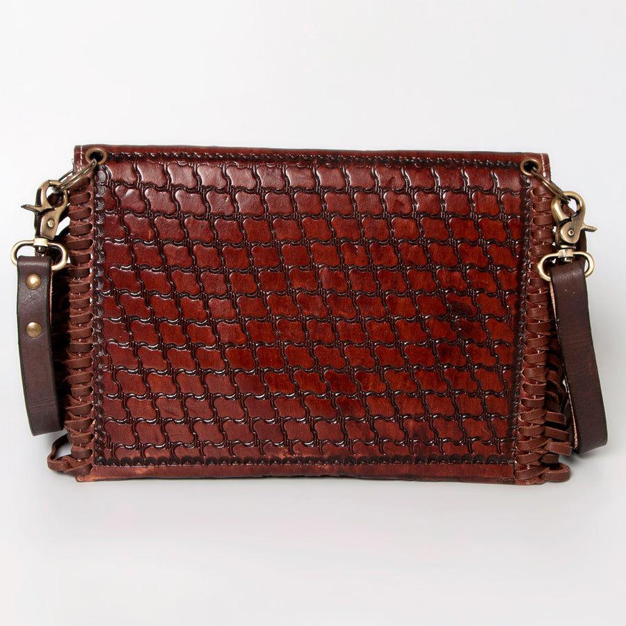 American Darling Large Cross body Bag, Hand Tooled Floral Leather & Woven Saddle Blanket Purse with Fringe and Buck Stitching
