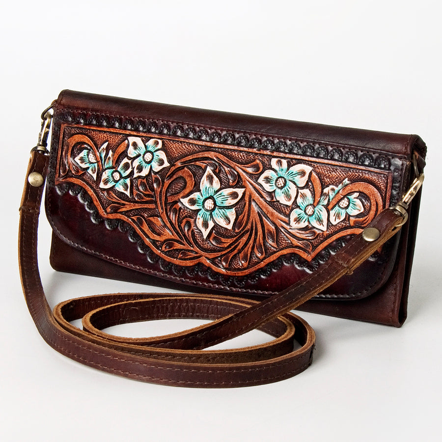 American Darling Wallet Hand Tooled Leather Clutch Vegetable Tanned Western Accessory 4in x 8in