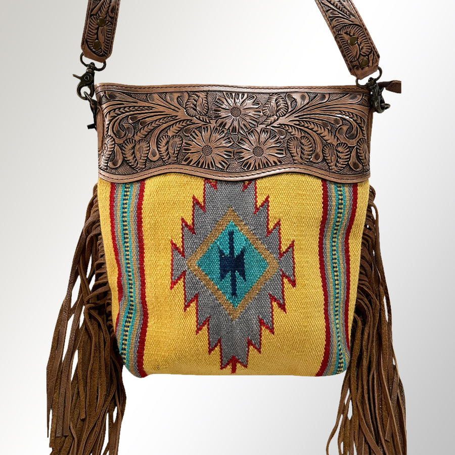 Leather crossbody bag with yellow geometric tapestry and fringe - Uhorse