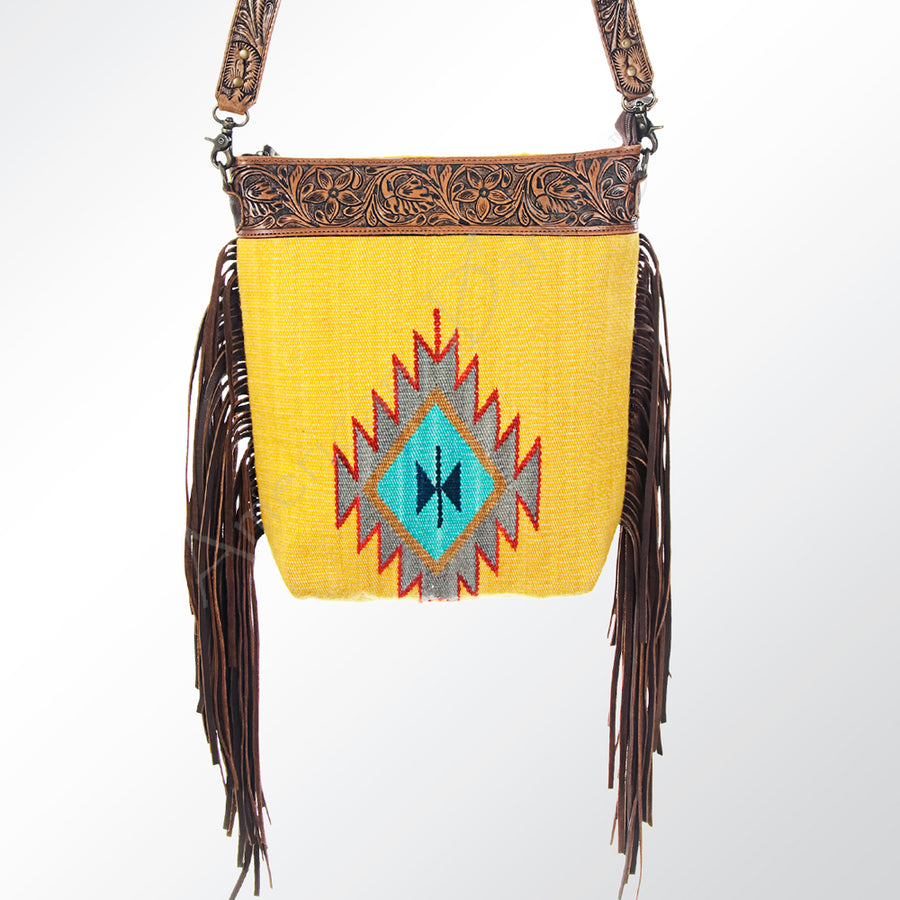 American Darling Signature Cross Body Bag Hand Tooled Floral Carved Leather Woven Saddle Blanket Fringes Genuine Leather