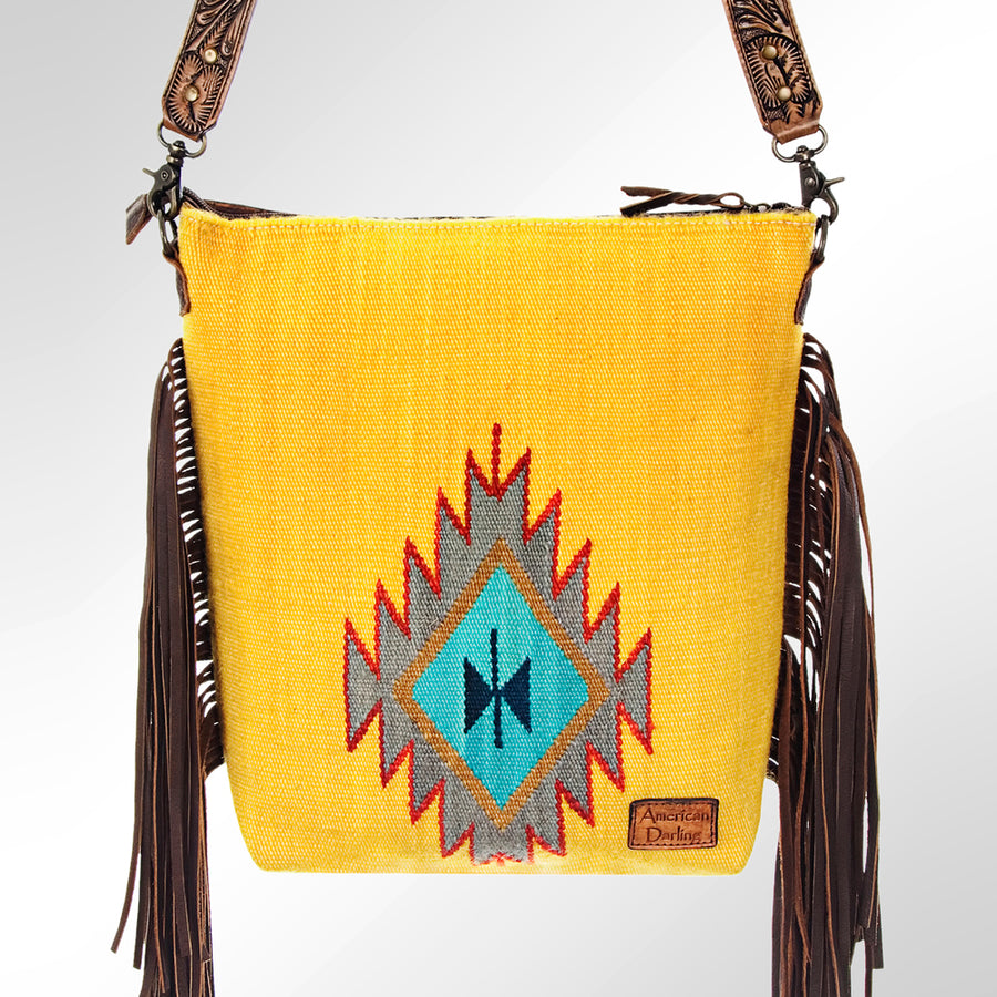 American Darling Signature Cross Body Bag Hand Tooled Floral Carved Leather Woven Saddle Blanket Fringes Genuine Leather