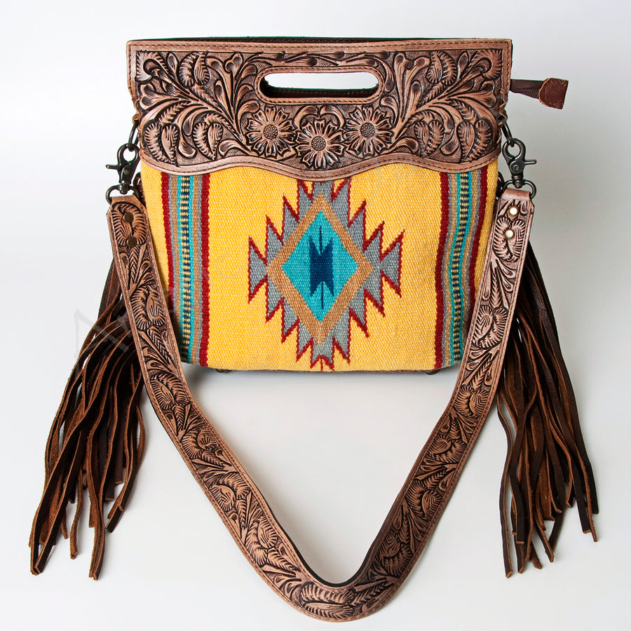 American Darling Western Clutch Bag Hand Tooled Floral Carved Hand Woven Saddle Blanket Leather Crossbody with Fringes