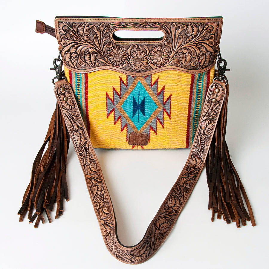 American Darling Western Clutch Bag Hand Tooled Floral Carved Hand Woven Saddle Blanket Leather Crossbody with Fringes