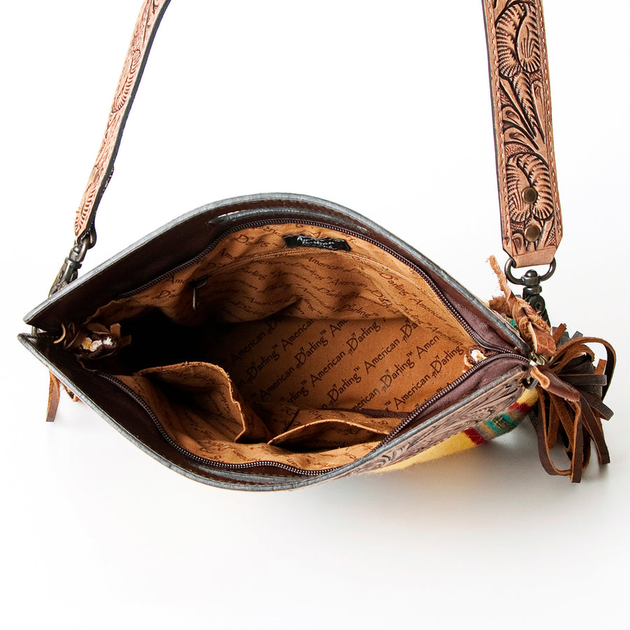 American Darling Western Clutch Bag Hand Tooled Floral Carved Hand Woven Saddle Blanket Leather Crossbody with Fringes