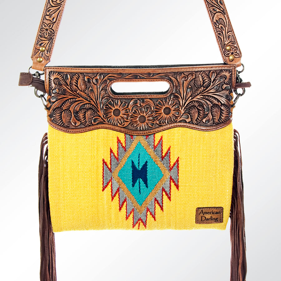 American Darling Western Clutch Bag Hand Tooled Floral Carved Hand Woven Saddle Blanket Leather Crossbody with Fringes