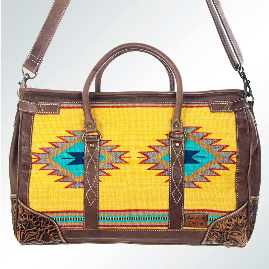 American Darling Duffel Bag Hand Tooled Floral Carved Hair-On Cowhide Genuine Vegetable Tanned Leather Travel Bag YKK Zipper