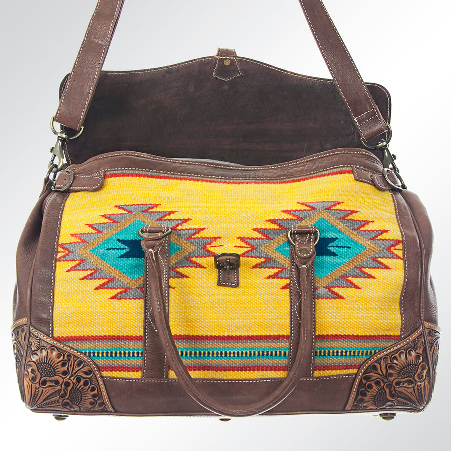 American Darling Duffel Bag Hand Tooled Floral Carved Hair-On Cowhide Genuine Vegetable Tanned Leather Travel Bag YKK Zipper