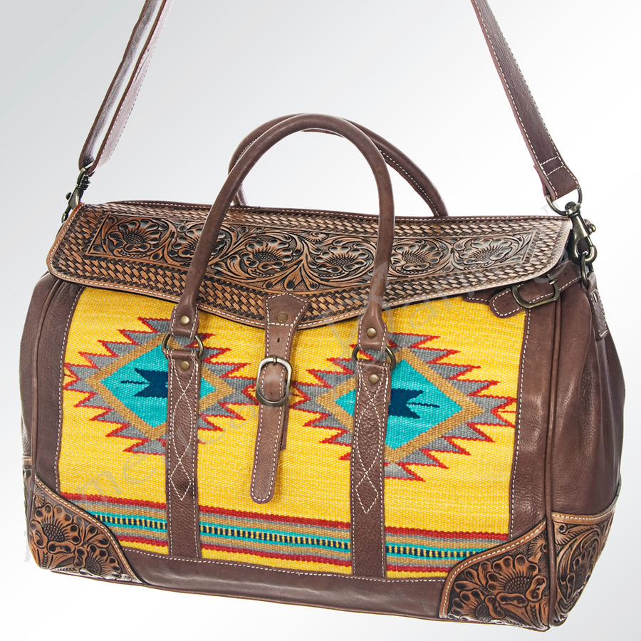 American Darling Hand Tooled Floral and Hand Woven Saddle Blanket Western Duffel Bag - Uhorse
