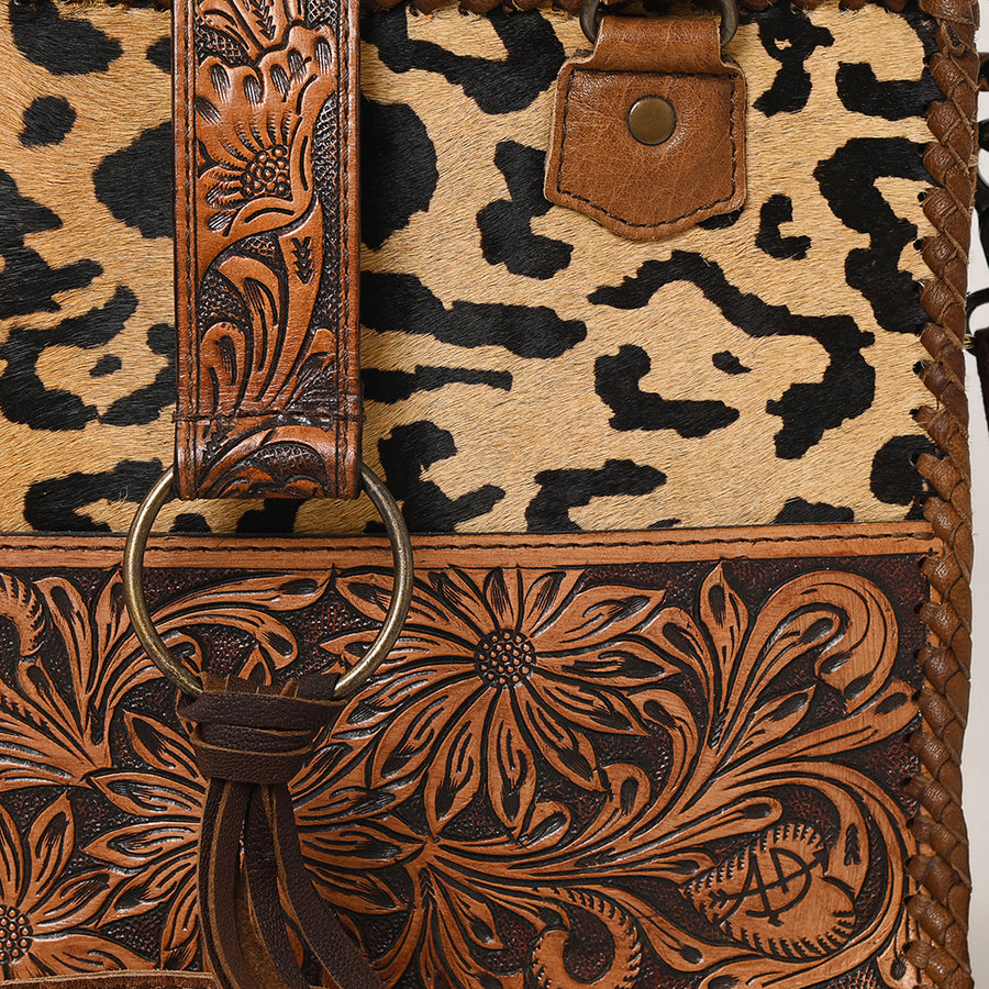 American Darling Tote Bag Hand Tooled Floral Carved Cowhide Genuine Leather Western Purse with Braided Trim and YKK Zipper