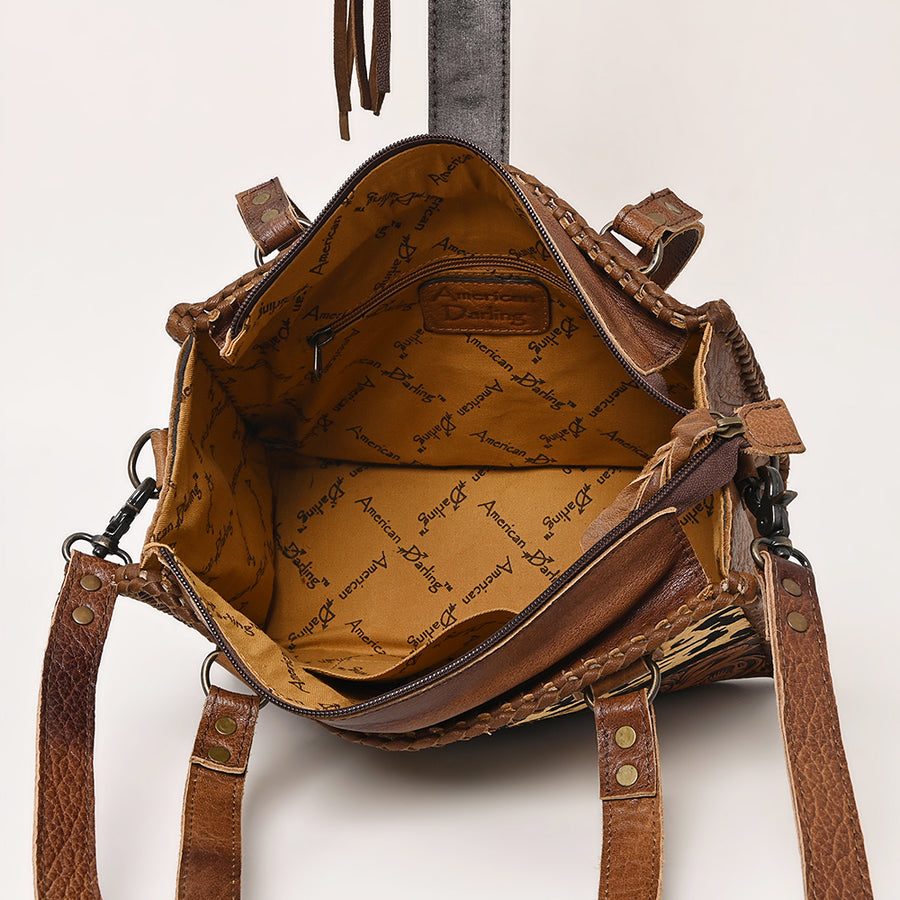 American Darling Tote Bag Hand Tooled Floral Carved Cowhide Genuine Leather Western Purse with Braided Trim and YKK Zipper