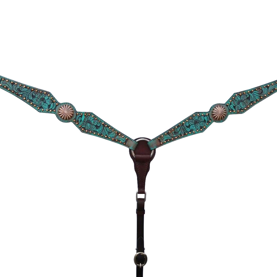 Turquoise tooled leather breast collar with black straps - Bar H Equine