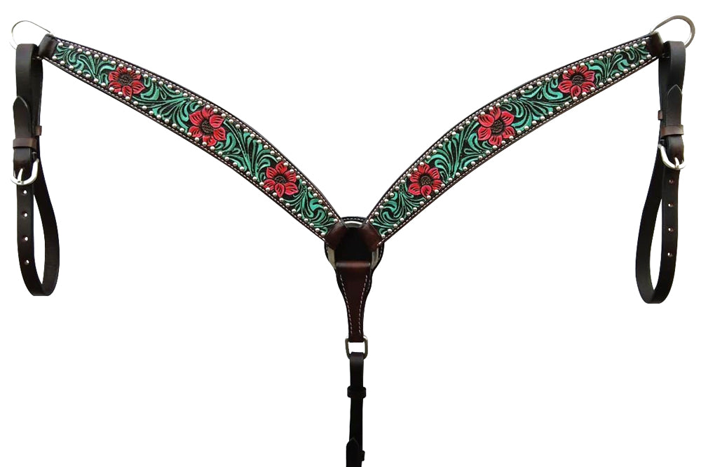 Bar H Equine American Leather Horse Saddle Tack One Ear Headstall Breast Collar Browband Wither Strap Botanic Chiseled