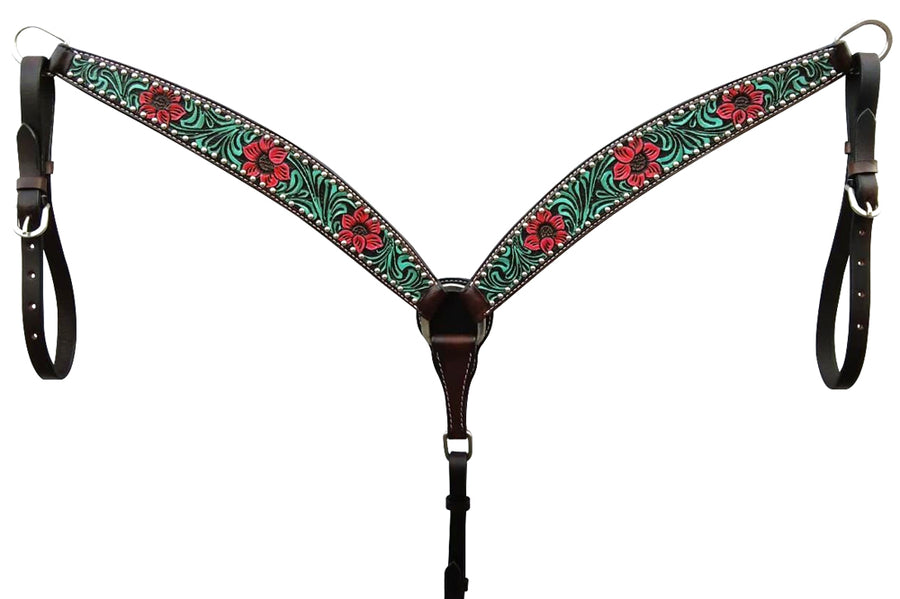 Bar H Equine American Leather Horse Saddle Tack One Ear Headstall Breast Collar Browband Wither Strap Set Botanic Chiseled