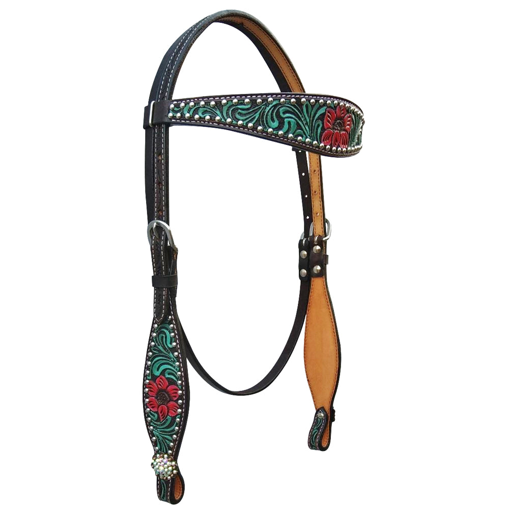 Bar H Equine American Leather Horse Saddle Tack One Ear Headstall Breast Collar Browband Wither Strap Botanic Chiseled