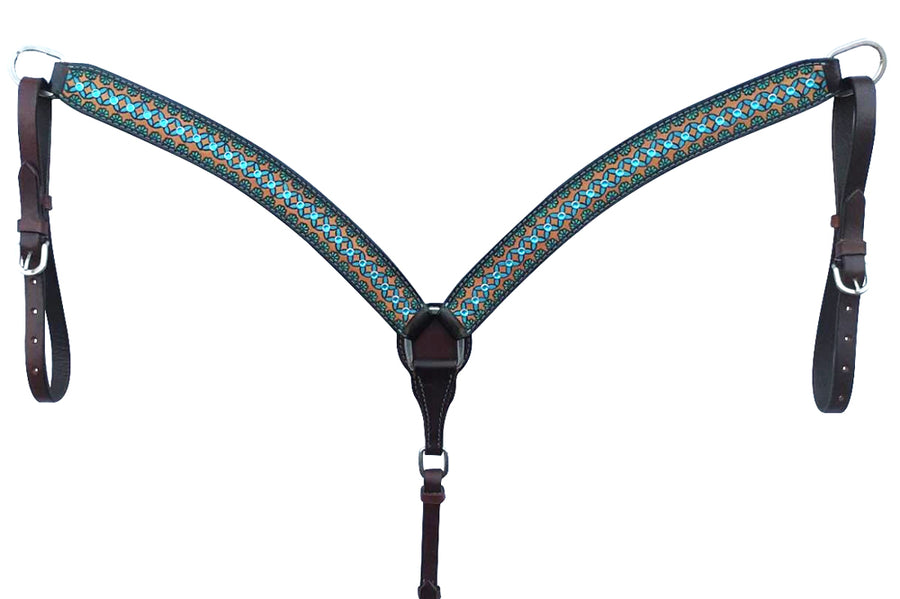 Bar H Equine American Leather Horse Saddle Tack One Ear Headstall Breast Collar Browband Wither Strap Set Turquoise Symmetry