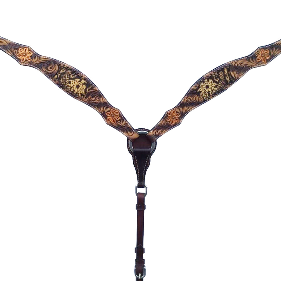 Brown leather tooled breast collar with black hardware - Uhorse