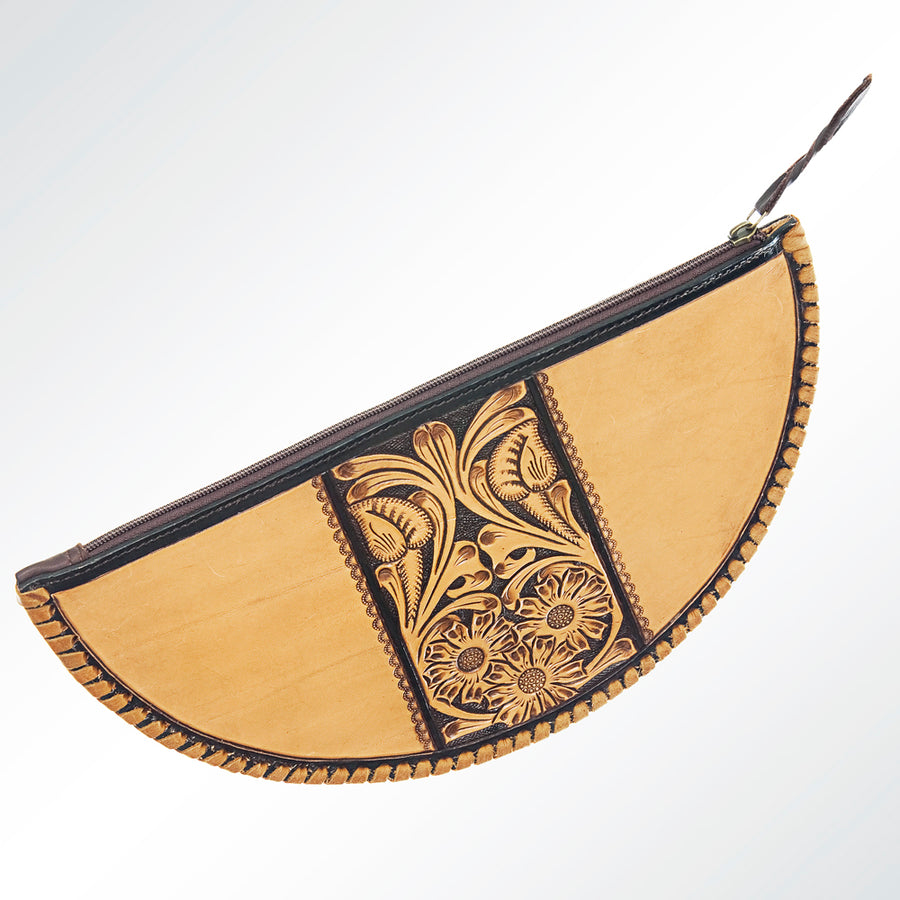 American Darling Taco Bag Hand Tooled Floral Carved Genuine Leather Western Purse with Braided Trim and YKK Zipper