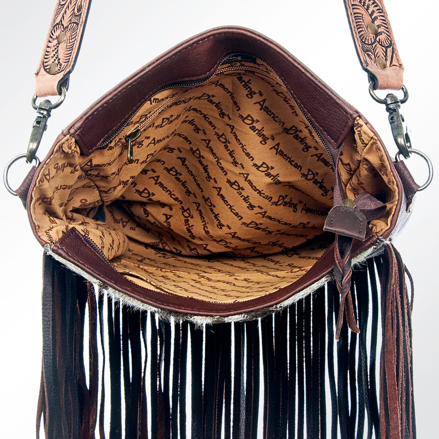 American Darling Large Cross body Bag Hair-On Cowhide Genuine Leather Western Purse with Fringes and Tooled Strap