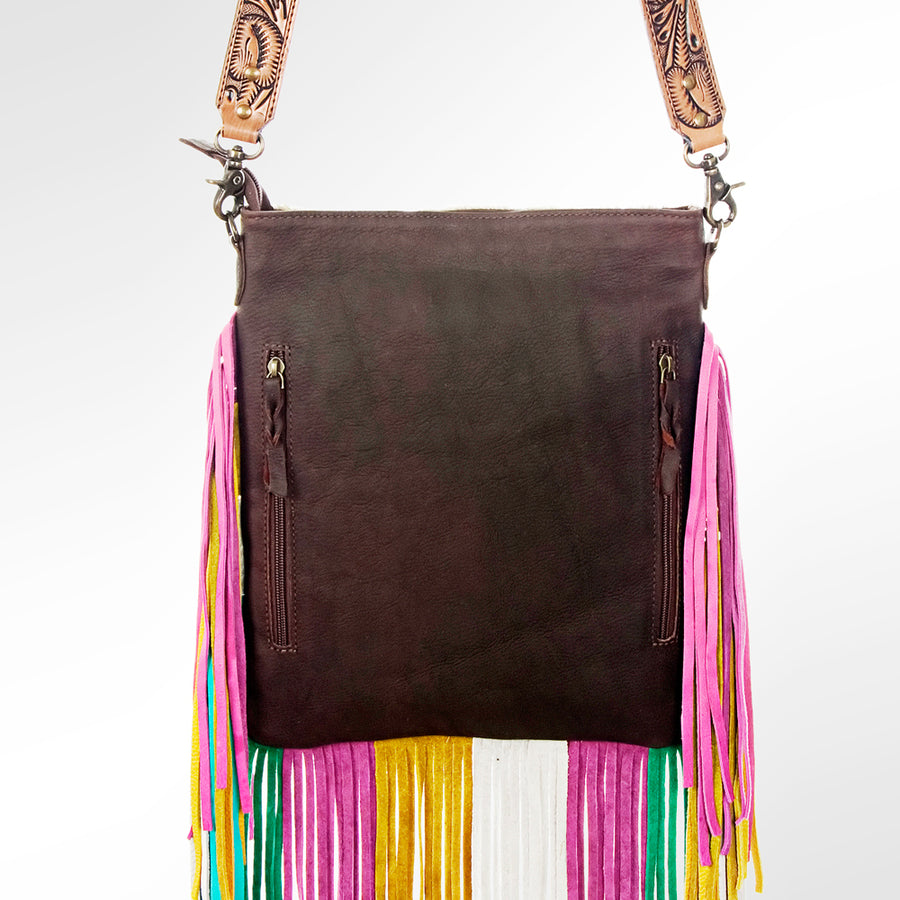 American Darling Large Cross body Bag Hair-On Cowhide Genuine Leather Western Purse with Fringes and Tooled Strap