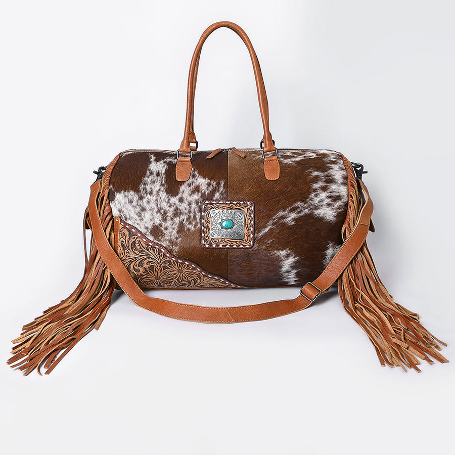 American Darling Duffel Bag Hand Tooled Floral Carved Hair-On Cowhide Genuine Leather Western Travel Bag with Fringes & YKK Zipper