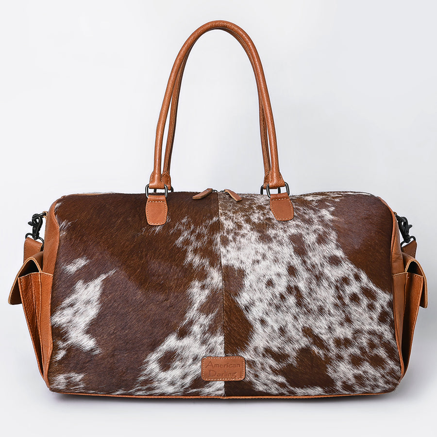 American Darling Duffel Bag Hand Tooled Floral Carved Hair-On Cowhide Genuine Leather Western Travel Bag with Fringes & YKK Zipper