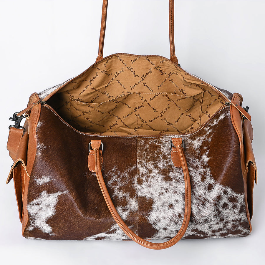 American Darling Duffel Bag Hand Tooled Floral Carved Hair-On Cowhide Genuine Leather Western Travel Bag with Fringes & YKK Zipper