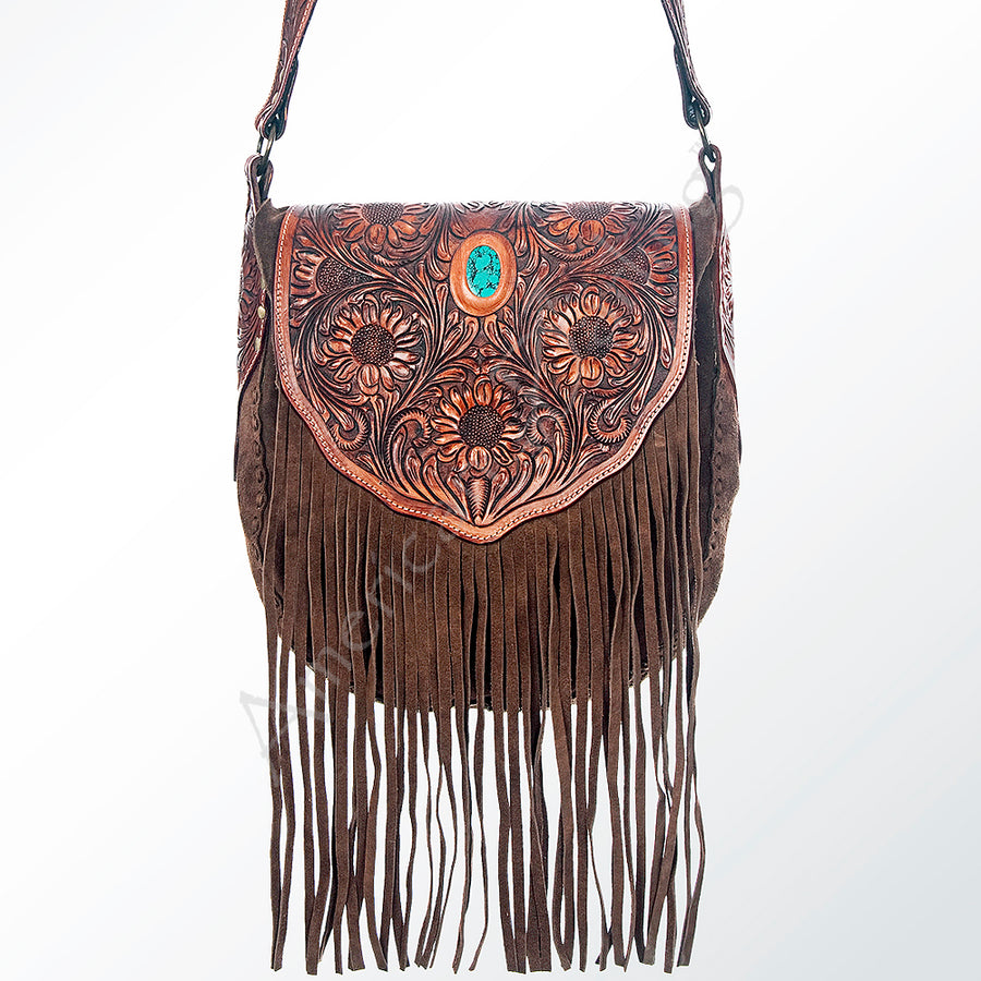 American Darling Messenger Bag, Hand Tooled Floral Carved Genuine Leather, Western Crossbody with Fringes & Turquoise Stone