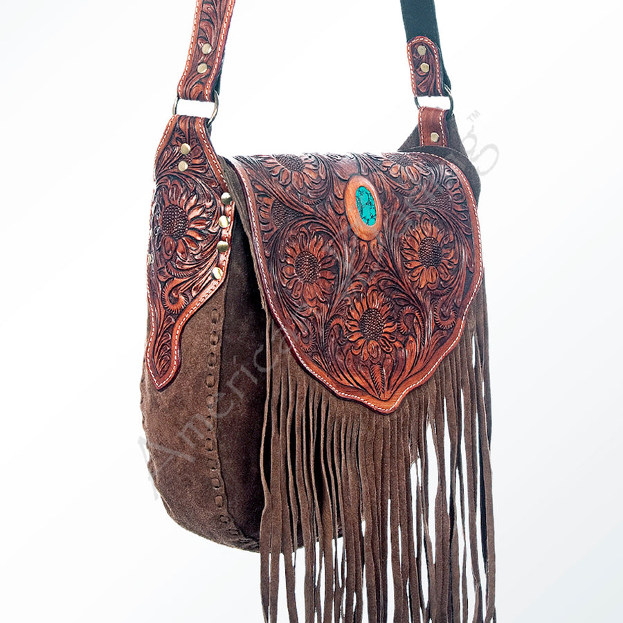 American Darling Western Leather Messenger Bag - Hand Tooled Floral Carved Purse with Fringes - Uhorse
