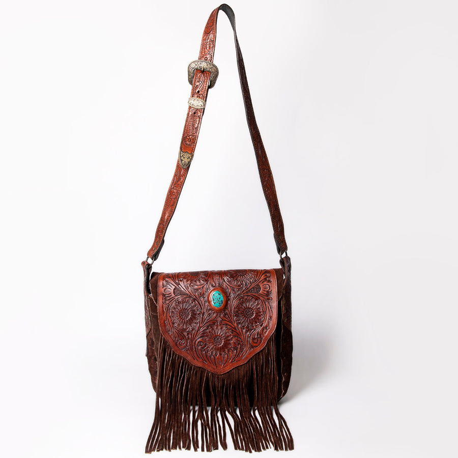American Darling Messenger Bag, Hand Tooled Floral Carved Genuine Leather, Western Crossbody with Fringes & Turquoise Stone